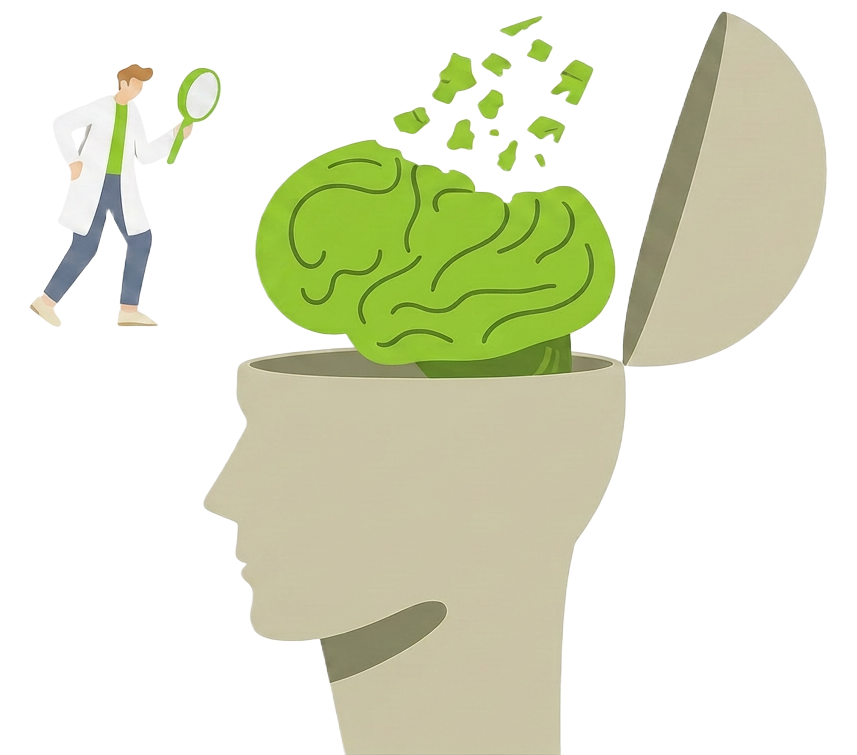 Clinician peering into an open head where memory fragments scatter from the brain